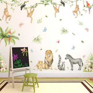 Stickers Muraux Animaux de la Jungle, 2PCS Autocollants Muraux Animal de Dessin, Mural Safari Wall Decals, Enfant Wall Stickers Lion Girafe Singe Décoration Murale Chambre Enfants Bébé Pépinière (Kaslaik, neuf)