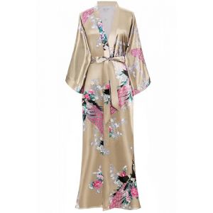 BABEYOND Kimono Femme Long en Satin - Peignoir L&eacute;ger Imprim&eacute; Paon jusqu'&agrave; la Cheville, Taille unique, Champagne (Lixuanshengang, neuf)