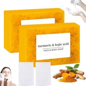 Savon Curcuma Visage Et Corps, Savon Eclaircissant, Lemon Turmeric Kojic Soap, Savons Eclaircissant Peau Noir Rapide Et Efficace, Skin Lightening Soap, Pour Bain éclaircissant, With Bubble Mesh (2) (FEIBAO&-Wu, neuf)