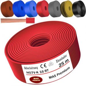 MAS Premium Câble conducteur H07 V-K 16 mm² de 5 à 100 m - Noir, marron, bleu foncé, jaune vert, gris, bleu clair ou rouge - Fil unique flexible (rouge, 25 m) (MAS-Premium, neuf)