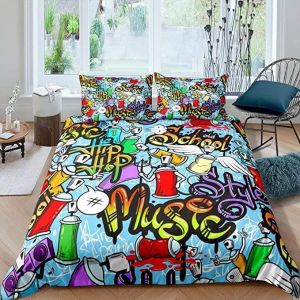 Homewish Housse de Couette Enfant en Microfibre avec 1 Taie d'oreiller, Parure de Lit 140x200 Graffiti Couleur Hip Hop pour Jeunes Garçons Filles, Ensemble de Literie Coloré Graffiti Street Art (Suzhou yiyanyun e-commerce Co., Ltd, neuf)