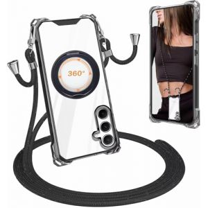 xinyunew Coque Magnétique pour Samsung Galaxy S23 FE avec Cordon, Rotation à 360° Transparent Housse Étui Case avec Collier Lanyard Mince Souple TPU Silicone Camera Antichoc,Noir (xinyunew, neuf)