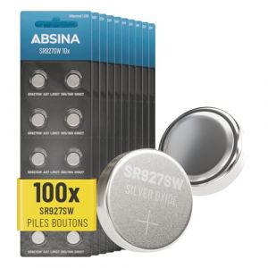 ABSINA 100x Pile SR927SW Bouton pour Montre 1,55V oxyde d'argent - Pile SR927W pour Montre 395/399 / AG7 / LR927 - Piles SR927W &eacute;tanche et Longue dur&eacute;e - Pile 395/399 Montre, Pile 395 399, Pile 399 (ABSINA GmbH, neuf)