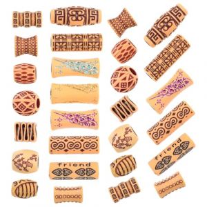 DECOMELODY 65 Pi&egrave;ces Lot de 65 Perles &agrave; Cheveux en Bois Sculpt&eacute; pour Dreadlocks, Anneaux de Tresse &agrave; Gros Trou, Accessoires L&eacute;gers pour Extensions de Queue de Cheval, Kit D&eacute;co Cheveux Femmes (FINNG, neuf)