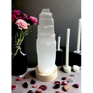 4All Lampe LED USB en cristal de sélénite faite à la main - Énergie spirituelle et guérison - Décoration d'intérieur - Base en bois minéral (30 cm) (Vertex 96, neuf)
