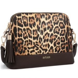 BITUOR Sac à bandoulière imprimé léopard, 23 x 18 x 8 cm, bordure en cuir noir, accents de pompons, bandoulière réglable, Chocolat léopard, free (Guangzhoushitaichenmaoyiyouxiangongsi, neuf)