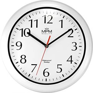 MPM Quality Horloge Murale de Salle de Bain Design en Plastique et Verre min&eacute;ral, Balayage &agrave; Quartz, &eacute;tanche 3-5 ATM, Blanc/Noir, &Oslash; 305 mm, Convient &eacute;galement pour Une Utilisation en ext&eacute;rieur (MPM TIME & PRIM, neuf)