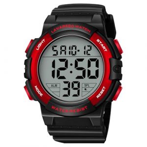 caprock Montre num&eacute;rique pour Homme avec Affichage LED/r&eacute;veil/chronom&egrave;tre - &Eacute;tanche jusqu'&agrave; 5 ATM - &Eacute;tanche jusqu'&agrave; 5 ATM, Noir/Rouge (QIANYU SHOP, neuf)