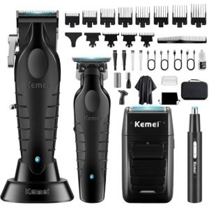 KEMEI Tondeuse &agrave; cheveux professionnelle pour homme, sans fil, rasoir de coiffeur, rasoir en feuille de nez, sourcils, oreilles, kit de 11 peignes guide (HG Barber, neuf)
