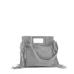 Modelisa - Sac à main avec bandoulière et franges en cuir fabriqué en Italie pour femme, gris, Taille unique (DHDB, neuf)