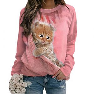 EGSDMNVSQ Chemise &agrave; Manches Longues pour Femmes avec imprim&eacute; Chat 3D col Rond Motif de Chat Mignon Sweat Mode Pull d&eacute;contract&eacute; Haut &agrave; Manches Longues Hauts (MORISEEU, neuf)