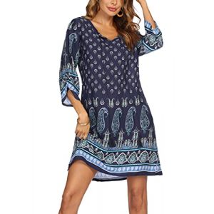 Robe Boh&egrave;me Beyove pour Femme - Tunique d'&eacute;t&eacute; &agrave; Manches 3/4 - Robe de Plage Vintage - Robe d'&eacute;t&eacute; &agrave; Fleurs - Tunique d'&eacute;t&eacute; Florale, Motif 4, L (Pinspark, neuf)