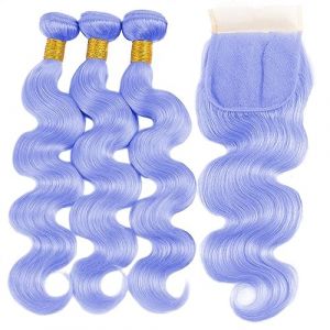 Extensions de cheveux Tissage de cheveux humains de vague de corps de couleur bleu clair violet 3 faisceaux avec des faisceaux de cheveux humains de vague de corps frontale avec fermeture 3/4 faisceau (songmiaobaihuoshanghang, neuf)