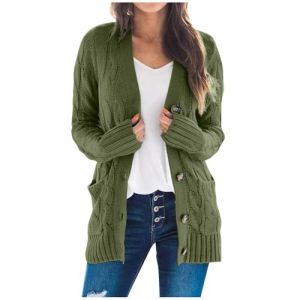 Gilet Long Femme Cardigan Chic Et Elegant Gilet Grosse Maille avec Boutons Cardigan De Poche Devant LéGer Veste Cardigan Pull Basique Automne Et Hiver Vert M (Zawalud, neuf)