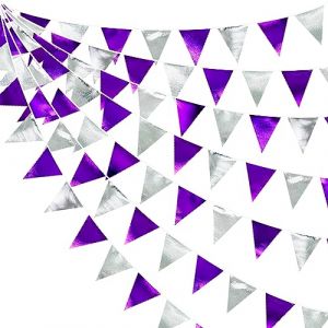 32Ft Violet et Argent Fanion Guirlande Bannière Décoration de fête Brillant Tissu Drapeau guinguette exterieu Banderole pour Anniversaire Bapteme Fiançailles Mariage EVJF Disco Hiver Noël Soiree Deco (MZY Co., Ltd, neuf)