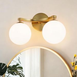 TYhogar Luminaire mural moderne pour salle de bain, finition laiton, double lampe murale, douille G9 avec abat-jour globe en verre blanc opaque,couloir, luminaire mural d'int&eacute;rieur (ampoule incluse) (TYhogar, neuf)