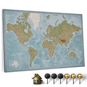 Carte du monde en toile avec tableau d'affichage en liège - Labels en anglais - Décoration murale décorative pour toutes les pièces - Tableaux sur toile (90x60 cm, Motif 8) (canvascale_maps, neuf)