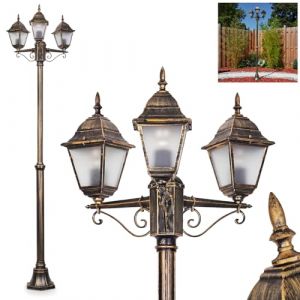 Naofe, lampadaire d'extérieur en métal/verre en noir/or/verre dépoli, candélabre à 3 ampoules au look vintage/rétro, hauteur max. 220 cm, éclairage de jardin IP44, 3 ampoules E27, sans ampoule (hofstein, neuf)