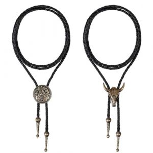 JOOTUEPOCravate en Cuir Cravate Cr&acirc;ne de Vache Collier, Lot de 2 cravates bolo, Costume de cowboy pour homme, en cuir vintage/fait main, pour accessoires de Costume d'Halloween/Chemise de cowboy (Jootuepo, neuf)