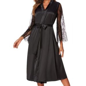 MIZSPISE Kimono Longue Robe de Chambre Femme Satin L&eacute;ger Peignoir de Bain Manches en Dentelle Chemise de Nuit Lingerie pour Mari&eacute;e F&ecirc;te Pyjama avec Ceinture Noir Taille Unique (zhaoyunfei store, neuf)