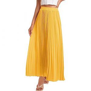 Yanhalo Jupe longue pliss&eacute;e &eacute;lastique &agrave; taille haute pour femme, jupe fluide, longueur cheville, jupe de plage, jupe maxi swing A-line, jaune, XL (alangstore, neuf)