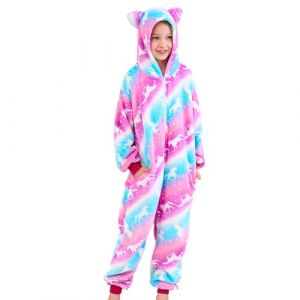 Piefry Grenouill&egrave;re de Sommeil avec Oreilles de Chat pour Fille &ndash; Doux Pyjama Combinaison Chat pour Enfants (Licorne Rose/Violette, 9-10 Ans) (Jiahe-US, neuf)