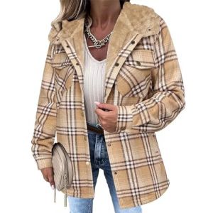 seiveini Veste Hiver Femme Polaire &agrave; Capuche Blouson Chemise Carreaux Doubl&eacute;e Chaude Gilet Fleece Surchemise Vintage Jacket A Kaki L (BgandDesign, neuf)