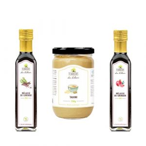 Lot produits libanais - Assaisonnement : Tahini 330g + Mélasse de Grenade 25cl + Mélasse de Caroube 25cl - 830g - Liban (Clicfrais, neuf)
