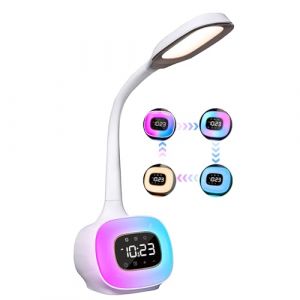 WILIT LED Lampe de bureau pour enfants, lampe de chevet Touch Dimmable pour filles garçons avec réveil lumineux, réveil lumière du jour, lampe de table avec horloge/réveil/sommeil/8 sons, blanc (Salcar GmbH, neuf)