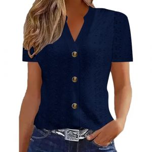 Chemisiers Et Blouses Femme Tunique Chemisier Femme Manche Courte Chic Et ÉLéGant Chemises Couleur Unie ÉTé Ample Haut Top à Revers LâChe Respirant Blouse Grande Taille Col V Button T Shirts (5.0⭐⭐⭐⭐⭐(vente flash/soldes)Yaair-OEF, neuf)
