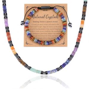 Jovivi 2pcs Ensemble de Bijoux Collier + Bracelet 7 Chakra Pierre Naturelle Cristal Énergie Pierre Lithotherapie 6mm Pierre Perles Fine Yoga Bijoux Fantaisie Cadeau Fête de Mère Père (kaenmis, neuf)