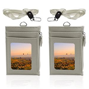 Modixun Lot de 2 porte-badges en cuir avec poche zipp&eacute;e, porte-badge avec cordon, porte-badge d'identit&eacute; avec 4 emplacements pour cartes et 1 poche zipp&eacute;e, gris (MODIXUN, neuf)