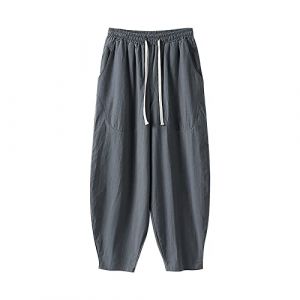Pantalon sarouel baggy en lin pour homme - Couleur unie - Large - Pantalon de loisirs - Grande taille - Coton et lin - Pantalon de survêtement ample - Pantalon sarouel décontracté - Pantalon de plage (P-MDKLSPQ, neuf)