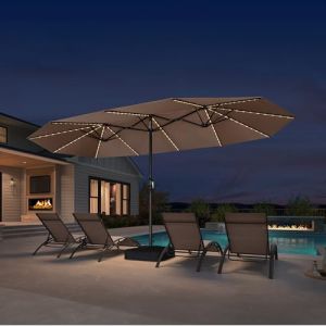 PURPLE LEAF Grand Parasol de Jardin Ext&eacute;rieur 4,55 x 2,7 x 2,4 m avec Pied et LED Solaire, Parasol Rectangulaire Double &agrave; Manivelle en Aluminium avec 12 Baleines pour Balcon, Terrasse, Caf&eacute;s, Taupe (PURPLE LEAF, neuf)