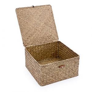 OLegei Panier de rangement en osier panier avec couvercle carré panier pour étagère boîte de rangement organisateur de table (café, 27 x 27 x 14cm) (SunGiRay, neuf)
