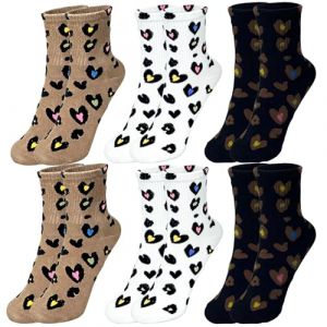 Lot de 6 paires de chaussettes pour femme 39-42 : chaussettes de tennis, longues chaussettes animales, chaussettes stoppeurs, motif l&eacute;opard et c&oelig;ur &ndash; Imprim&eacute; l&eacute;opard tendance, C&oelig;ur (noir, blanc (HuanzhenHome, neuf)