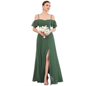 Ever-Pretty Robe de Soir&eacute;e Longue Femme &Eacute;paules D&eacute;nud&eacute;es &agrave; Bretelles &agrave; Volants Fendue en Mousseline Fluide Vert Eucalyptus 40 (Ever Pretty Uk, neuf)