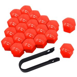 QitinDasen 20 Pi&egrave;ces 19 mm Voiture Roue Cache-&Eacute;crous, Bouchon &agrave; Vis de Moyeu de Voiture Universel, Cache-&Eacute;crou de Pneu Hexagonal avec Outil de Retrait (Rouge) (FULARR-FR, neuf)