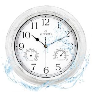 Lafocuse 30cm Horloge Murale Exterieure Etanche avec Thermomètre et Hygromètre, Vintage Blanc Pendule Murale Retro, Silencieuse Shabby Chic Deco pour Extérieur, Jardin, Balcon, Salle de Bain, Cuisine (QuareBest, neuf)