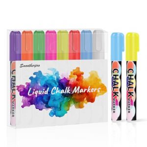 SMOOTHERPRO Stylos marqueurs à craie 8 pièces Plume carrée large de 10 mm Jeu de marqueurs effaçables à sec pour fenêtre de panneaux de tableau noir (CMP108) (Smootherpro Inc. EU, neuf)