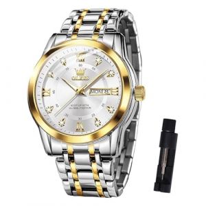 OLEVS Montres pour homme en acier inoxydable doré et argenté - Montre bicolore décontractée avec date - Montre à quartz analogique classique - Cadeau pour homme - Bracelet avec chiffres romains (XING LINGYU, neuf)
