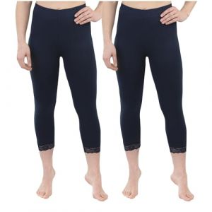 SES Lot de 2 Leggings Capri avec Dentelle - 32-34 - 56-58 - en Coton - Legging Opaque avec Dentelle - Legging 3/4 - en Coton - avec Dentelle - Ajustement Parfait, Marine, 50-52 (SES St, neuf)