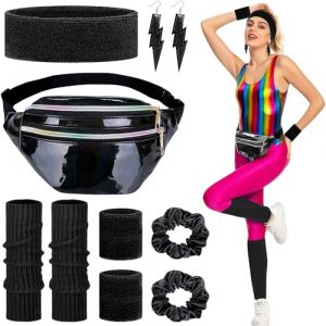 Betrynidil Deguisement Annee 80 Femme,Vetement Tenue F&ecirc;te N&eacute;on Fluo,avec Sac Banane,bandeau,Bracelets,&Eacute;lastique &agrave; cheveux,Jambi&egrave;res,Boucles d'oreilles,pour 80s Th&egrave;me,Disco,N&eacute;on,Carnaval (Noir) (GALOLTD, neuf)