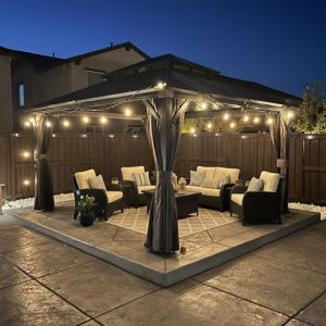 PURPLE LEAF Tonnelle de Jardin Exterieur avec Guirlande Lumineuse 4,25 x 3,65 m, Pergola Aluminium à Double Toit en Acier Galvanisé, Tente de Réception avec Rideaux pour Fête, Stockage, Gris (PURPLE LEAF, neuf)