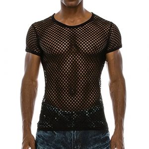 T-Shirts &agrave; Manches Courtes Hommes R&eacute;sille, Haut Sexy Homme Grande Taille,Top Homme Creux Transparent pour Discoth&egrave;que Bal Tuniques Coupe Ajust&eacute;e Moulant Maille Chic Bodybuilding &Eacute;lastique Tee Shirts (LOSSLO(Livraison 5-14 jours), neuf)