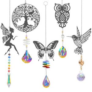 OFFCUP Attrape Soleil Cristal Suspendu, 5pcs Attrape-Soleil Cristal, Perle de Verre Arc-en-Ciel en Cristals Suspendu Suncatcher de fée de Papillon de Hibou d'arbre de Colibri (BEST-SELLER5, neuf)