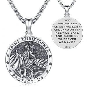 Pendentif Saint Christophe en Argent Sterling 925 Collier Homme Femme Médaille St Christophe Religieux Bijoux Amulette Protection Cadeaux, Chaîne en Acier Inoxydable 55cm (Saint Christophe-01) (Friggem, neuf)