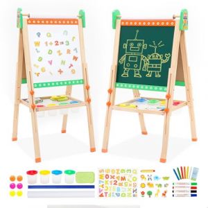 Tableau de jeu en bois pour enfants avec rouleau de papier Tableau blanc double face et tableau noir Pliable Réglable en hauteur Chevalet pour enfants avec motif de robot, chiffres et accessoires (Coolplay., neuf)