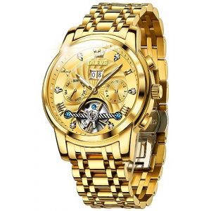 OLEVS Hommes Montre Squelette MéCanique Automatique Doré éTanche à Remontage Automatique en Acier Inoxydable Lumineux Tourbillon Montres De Luxe (OLEVS, neuf)