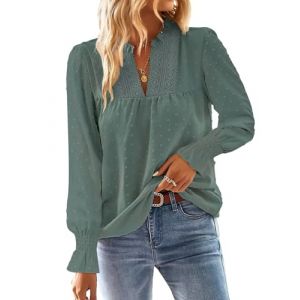 TUUHAW Tunique Femme Chemise Chic et &Eacute;l&eacute;gant Automne Col en V Manches Longues Dentelle Grande Taille Top &agrave; Point Suisse Couleur Unie Blouse D&eacute;contract&eacute; Chemisier Confortable Vert Sage 4XL (TROFANO, neuf)